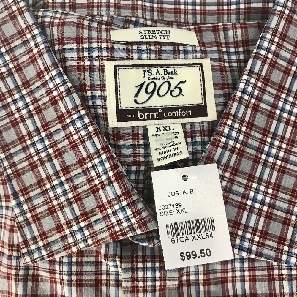 Jos. A. Bank 1905 brrr Comfort Stretch Slim Fit Red/Blue Plaid Shirt Sz XXL NWT.